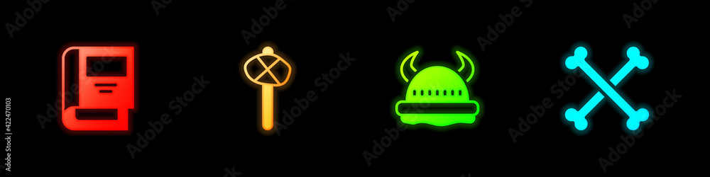 Set History book, Stone age hammer, Viking in horned helmet and Crossed human bones icon. Vector Set History book, Stone age hammer, Viking in horned helmet and Crossed human bones icon. Vector