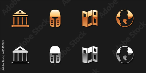 Set Museum building, Medieval iron helmet, guide brochure and Earth globe icon. Vector