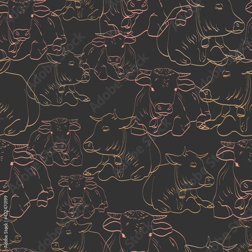 Seamless Pattern with cows, bulls. Vector illustration. Cattle, farming, milk products. Paper and textile design. Line art, silhouette, contour. Home pets, animals, Alps. 