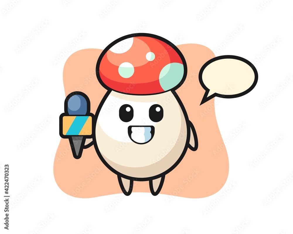 Character mascot of mushroom as a news reporter
