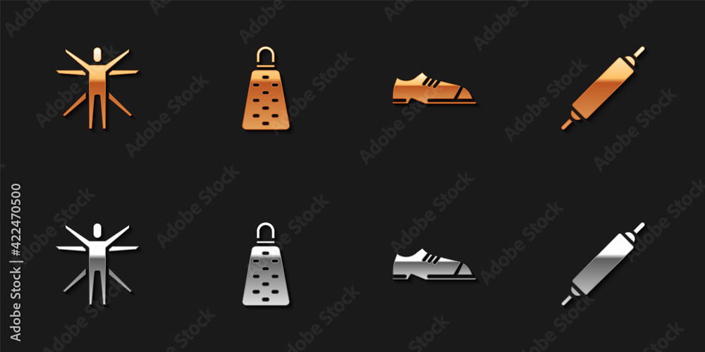 Set Vitruvian Man, Grater, Men shoes and Rolling pin icon. Vector Set Vitruvian Man, Grater, Men shoes and Rolling pin icon. Vector