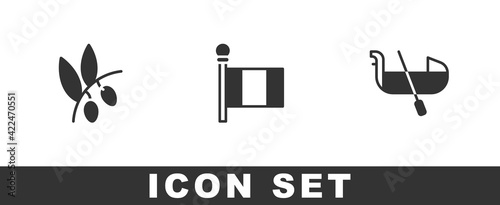 Set Olives branch, Flag Italy and Gondola icon. Vector