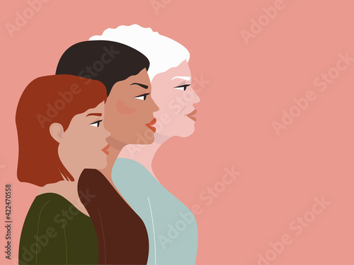 A beautiful older mother, a grandmother and her adult daughter, a little girl in profile look in one direction. The concept of motherhood, friendship, care and love, different generations. Vector.