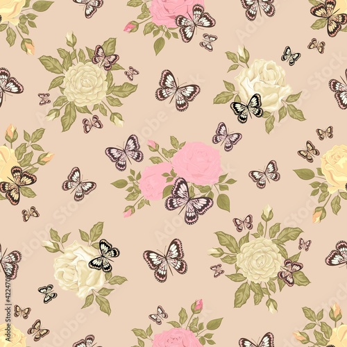 Beautiful butterflies and bouquets of roses. Floral Seamless pattern. Pastel colors. Isolated background.