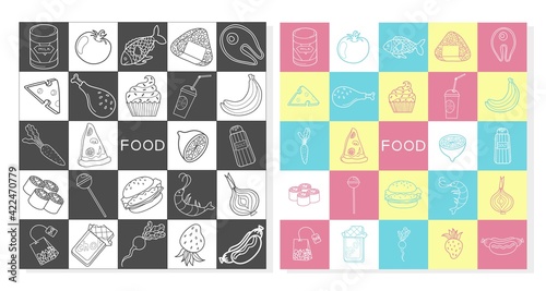Food set in vector illustration. Collection products: milk, tomato, fish, onigiri, meat, cheese, chicken, biscuits, drink, banana, carrot, pizza, lemon, salt, sushi, candy, sweets, tea, chocolate.