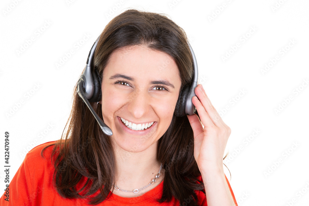 beautiful woman customer support operator call center isolated on white background beautiful woman customer support operator call center isolated on white background