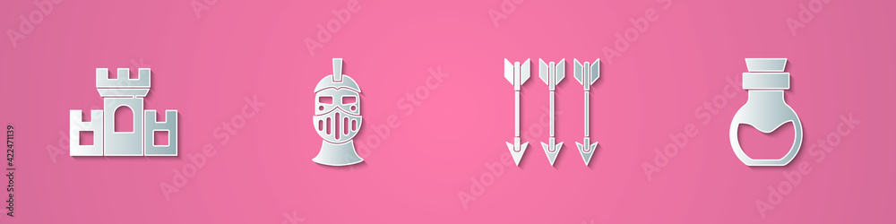Set paper cut Castle, fortress, Medieval iron helmet, Crossed arrows and Poison in bottle icon. Paper art style. Vector