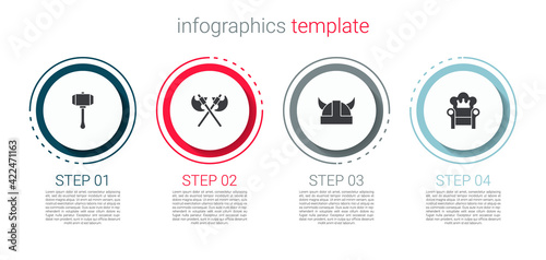 Set Hammer, Crossed medieval axes, Viking in horned helmet and Medieval throne. Business infographic template. Vector
