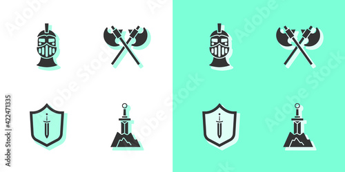 Set Sword in the stone, Medieval iron helmet, shield with sword and Crossed medieval axes icon. Vector