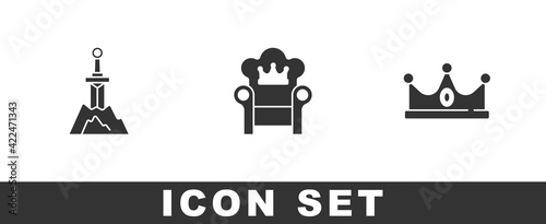 Set Sword in the stone, Medieval throne and King crown icon. Vector