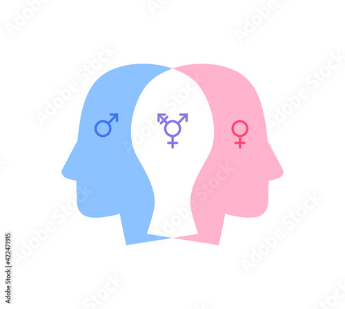 Gender equality and diversity concept. Vector flat illustration. Blue and pink human heads with male, female and transgender symbol isolated on white background. Design element