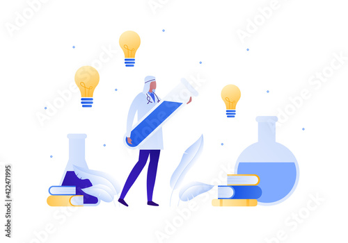 Muslim doctor and science concept. Vector flat people character illustration. Male scientist in scarf hold lab tube. Book and lightbulb idea discovery symbol. Design for health care and medicine.