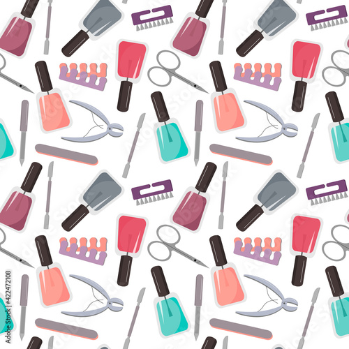 pattern with manicure tools - nail polish, nail file, scissors and other accessories. Vector illustration for use in packaging, decoration, brochures and flyers.