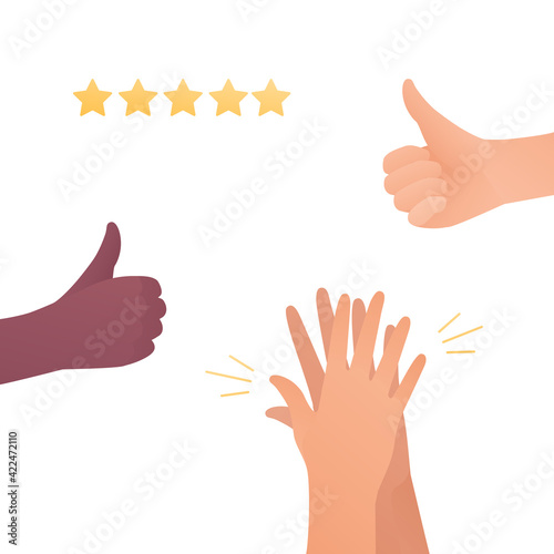 Feedback and quality review concept. Vector flat illustration. Caucasion and african american human hands. Thumbs up, clapping hands and star symbol. Design element