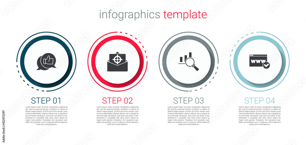 Set Customer product rating, Mail and e-mail, Magnifying glass analysis and Website template. Business infographic template. Vector Set Customer product rating, Mail and e-mail, Magnifying glass analysis and Website template. Business infographic template. Vector