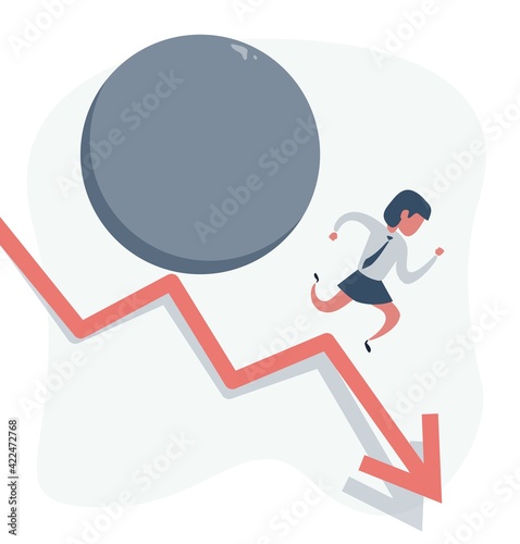 Concept of financial crisis, businesswoman on red arrow. Woman running down on a arrow followed by a big rock rolling after her.
