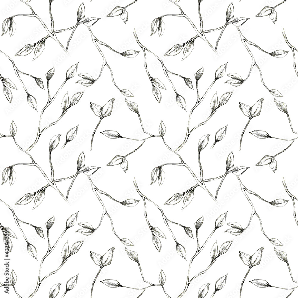 Graphic hand drawn botanical seamless patter. Black leaves and branches on white background print. Monochrome floral design element for wallpaper, textile, fabric, wrapping paper and decoration.
