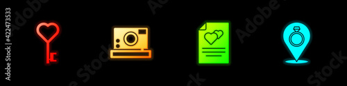 Set Key in heart shape, Photo camera, Greeting card and Wedding rings icon. Vector