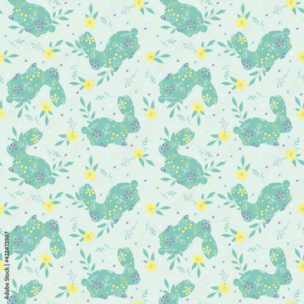 Flowers and bunnies seamless pattern, vector background