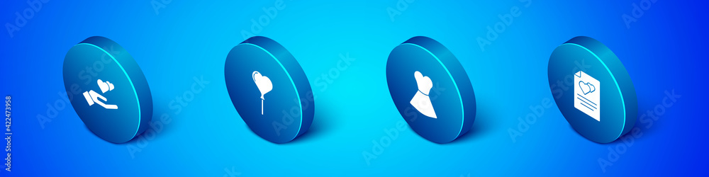 Set Isometric Heart in hand, Woman dress, Greeting card and Balloons form of heart icon. Vector Set Isometric Heart in hand, Woman dress, Greeting card and Balloons form of heart icon. Vector