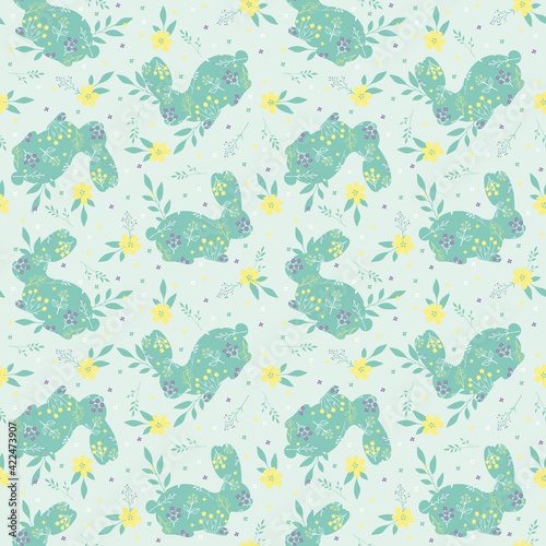 Flowers and bunnies seamless pattern, vector background