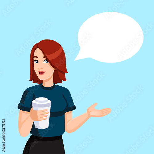 A redheaded girl holding a paper cup of coffee in her hands. Female, cartoon, flat, vector  digital character with talking bubble.