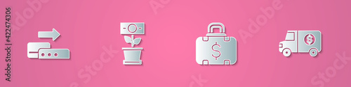 Set paper cut Pos terminal, Money plant the pot, Briefcase and money and Armored truck icon. Paper art style. Vector
