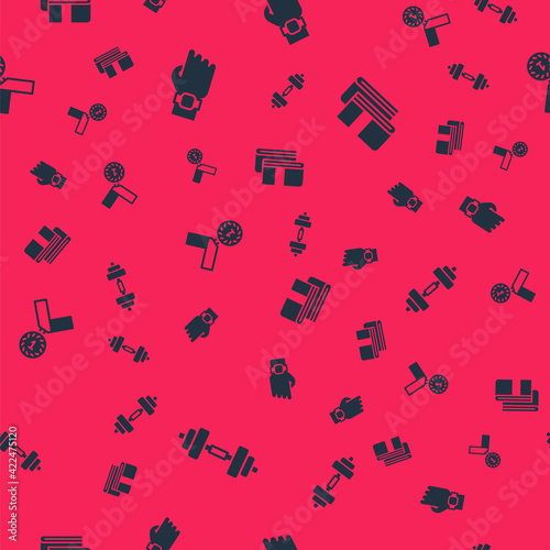 Set Dumbbell, Smart watch on hand, Medal and Towel stack on seamless pattern. Vector
