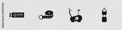 Set Location gym, Tape measure, Stationary bicycle and Bottle of water icon. Vector