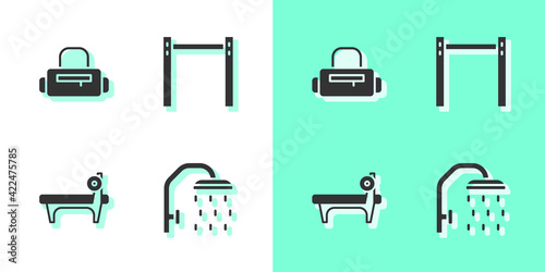 Set Shower head, Sport bag, Bench with barbel and Horizontal icon. Vector