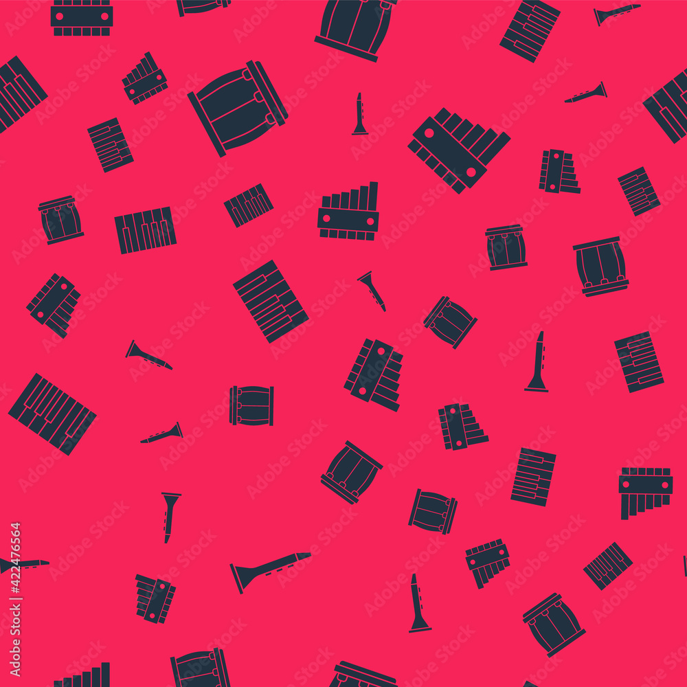 Set Clarinet, Drum, Grand piano and Pan flute on seamless pattern. Vector Set Clarinet, Drum, Grand piano and Pan flute on seamless pattern. Vector
