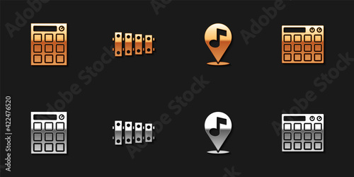 Set Drum machine, Xylophone, Location musical note and icon. Vector