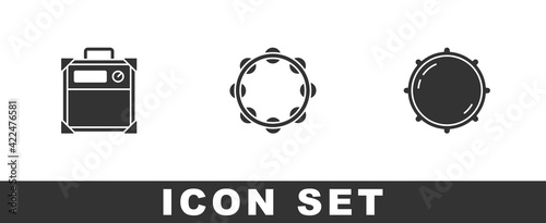 Set Guitar amplifier, Tambourine and Dial knob level icon. Vector