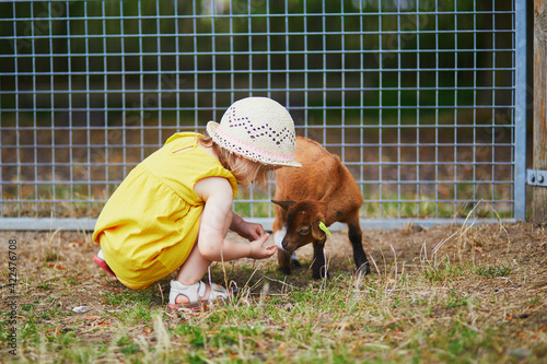 Adorable toddler girl in yellow dress and straw hat playing with goats at farm photo