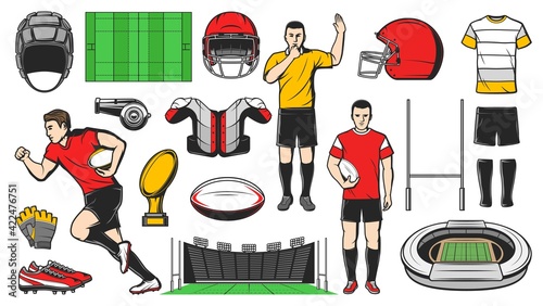 Rugby sport vector icons. American football game isolated signs professional player run with ball, helmet, boots, gloves and jersey, play field. Rugby sport symbols stadium and referee whistles set