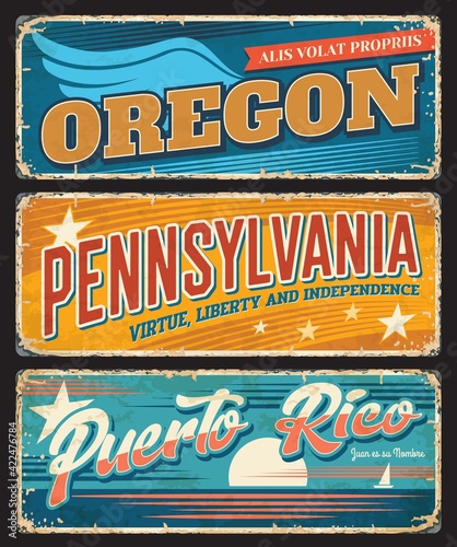 USA states travel vector metal banners with rusty effects. Oregon, Pennsylvania and Puerto Rico American states tourism old tin signboards or grunge postcards with stars, wings and Caribbean Sea