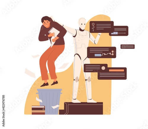 Artificial intelligence replacing people at work. AI vs human. Victory of technology concept. Robot throwing useless employee into trash can. Flat vector illustration isolated on white background