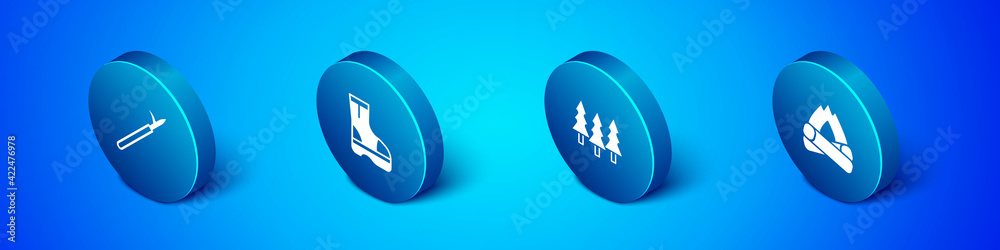 Set Isometric Metal pike pole, Forest, Campfire and Fire boots icon. Vector Set Isometric Metal pike pole, Forest, Campfire and Fire boots icon. Vector