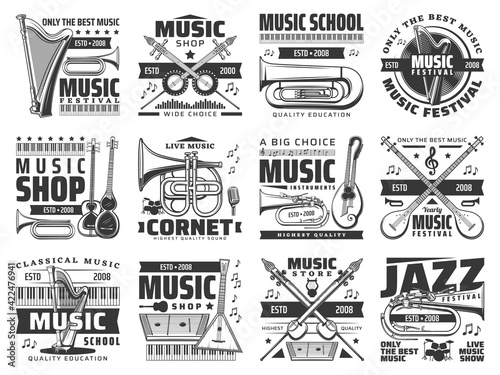 Music shop, festival and school retro icons. Vector vintage and modern instruments cornet, trumpet and kemanche with harp and gusli, balalaika and tar with drum kit instruments monochrome emblems set