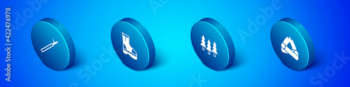 Set Isometric Metal pike pole, Forest, Campfire and Fire boots icon. Vector
