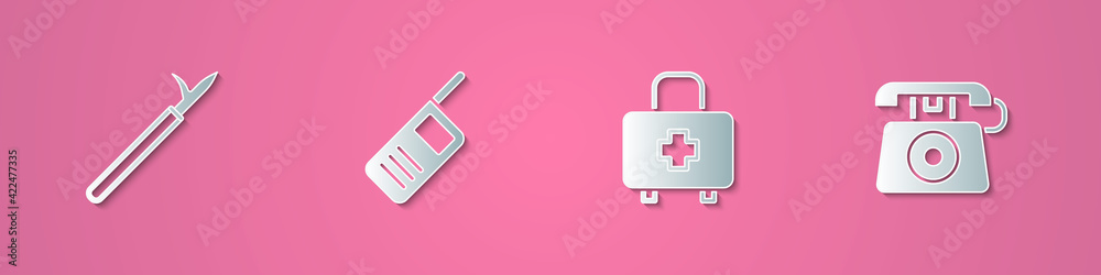 Set paper cut Metal pike pole, Walkie talkie, First aid kit and Telephone call 911 icon. Paper art style. Vector Set paper cut Metal pike pole, Walkie talkie, First aid kit and Telephone call 911 icon. Paper art style. Vector