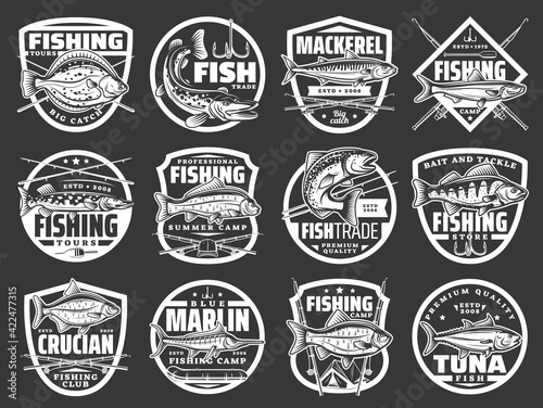 Fishing vector icons with fishes sea flounder, pike, mackerel and sprat, carp, salmon with perch with crucian, marlin and tuna. Fisherman big catch, fishing rods or spinning with bait vintage labels