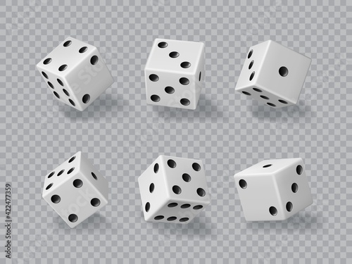 Dice, casino game cubes, 3D die white and black isolated realistic vector. Dice or craps for poker gambling and lucky chance and backgammon game, dice in random rolling throw photo