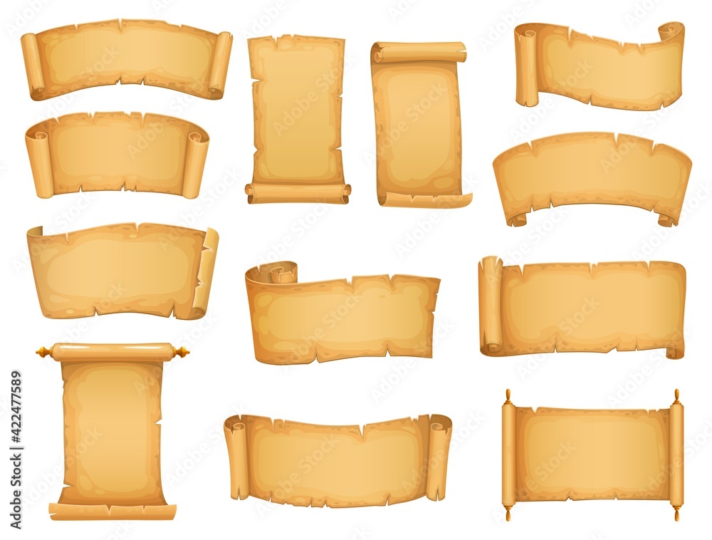 Old paper scroll and parchment cartoon vector set of blank ancient papyrus or antique manuscript on wood rods. Vintage letter, certificate, treasure map or history document, Bible or Torah page design