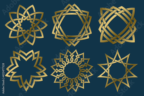 Set of sacred geometric symbols. Golden ancient celtic signs collection. Isolated logo templates.