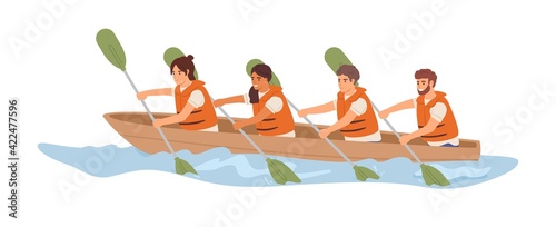 Friendly team rowing in boat together. Concept of effective collaboration and organized teamwork. Good relationship between colleagues. Colored flat vector illustration isolated on white background
