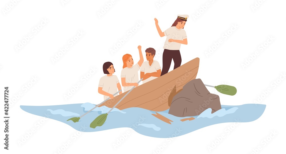 Fototapeta premium Business failure concept. Leader and team of employees colliding with problems and difficulties at work. Boat with coworkers in trouble. Colored flat vector illustration isolated on white background