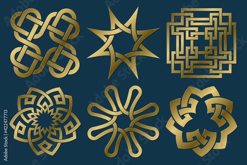 Set of golden sacred symbols. Vector abstract ancient signs collection. Isolated jewelry logo templates.
