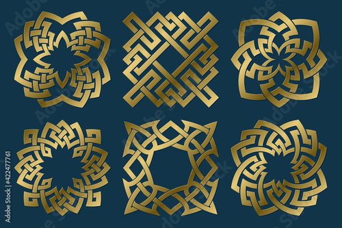 Set of golden sacred symbols. Vector abstract magic emblems collection. Isolated jewelry logo templates.