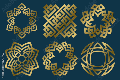 Set of golden sacred symbols. Vector abstract ancient emblems collection. Isolated jewelry logo templates.